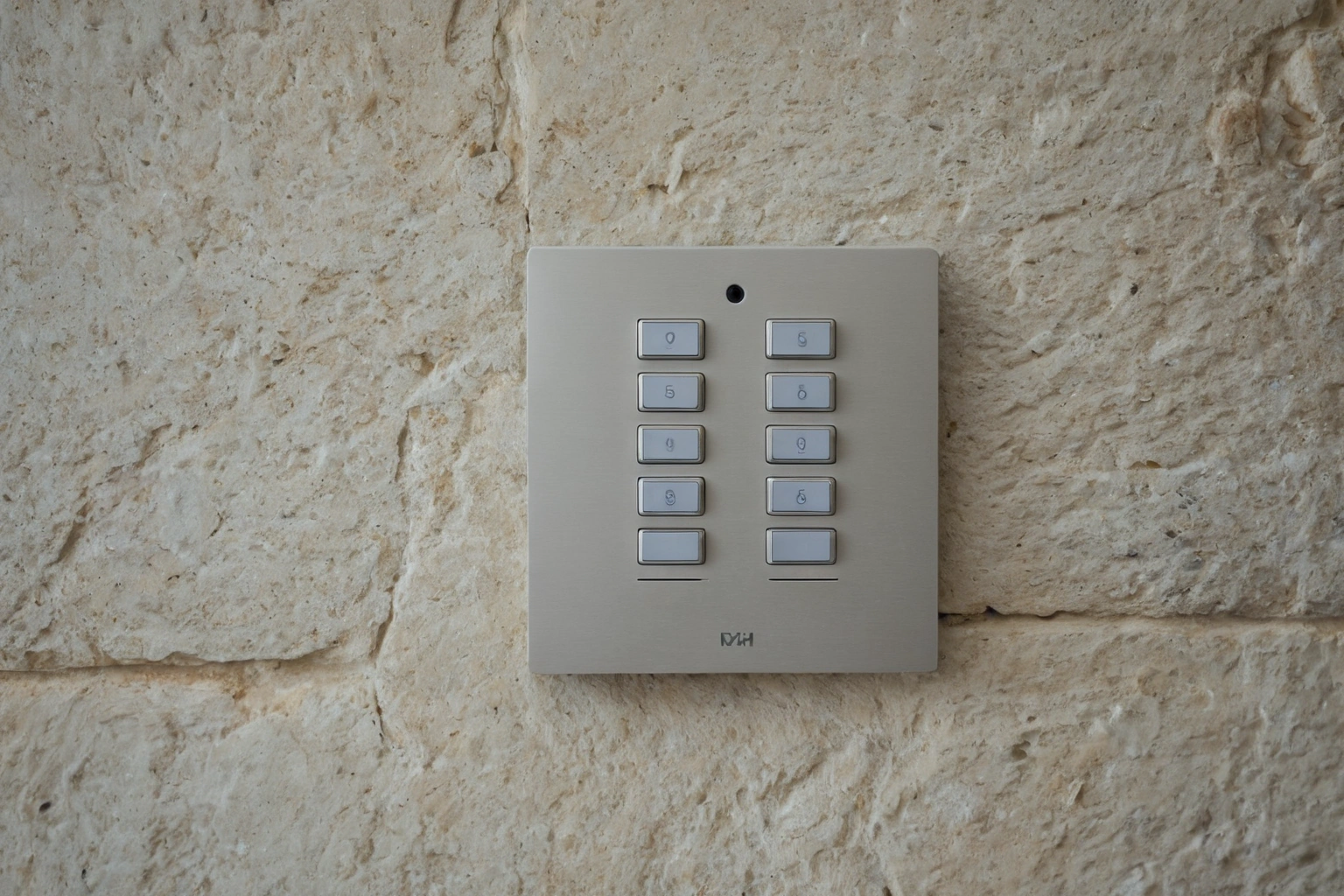 Flush-mounted minimal wall keypad matching stone finish