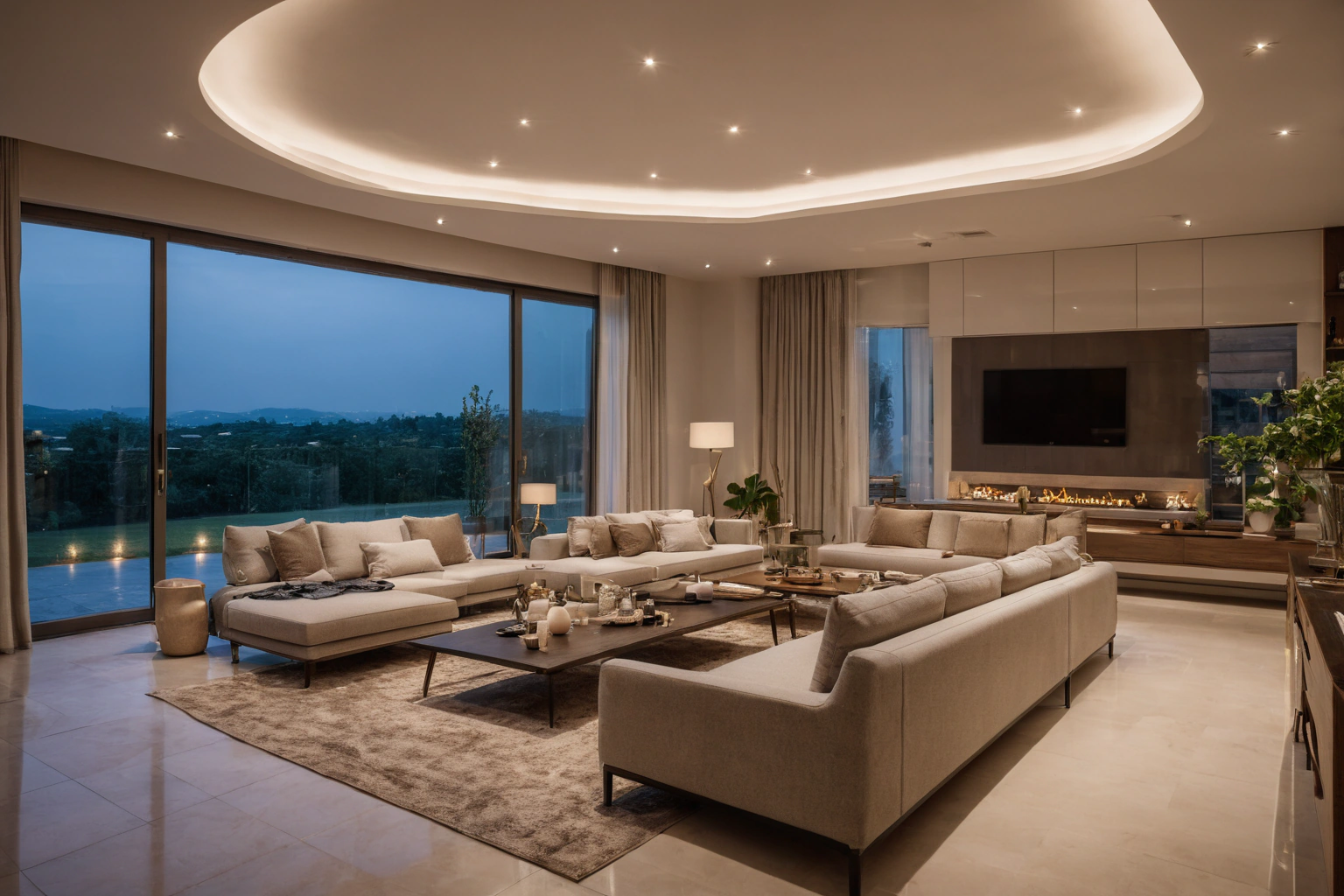 Living room lit in a layered evening lighting scene