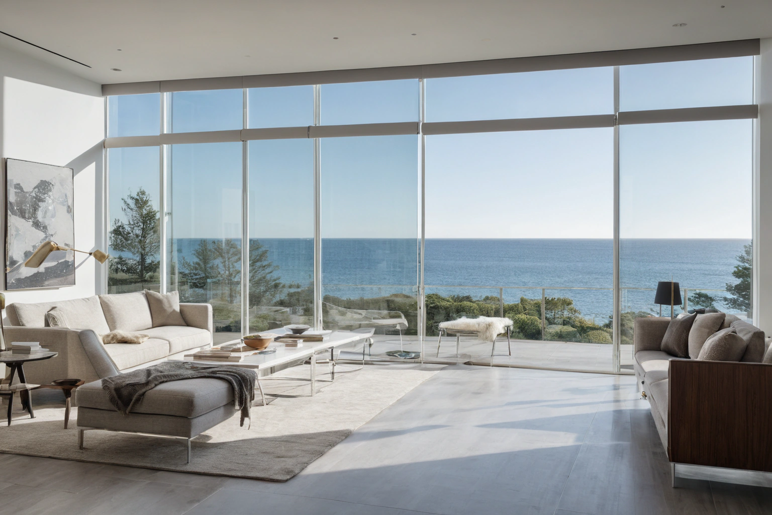 Motorized shades lowering across floor-to-ceiling glazing
